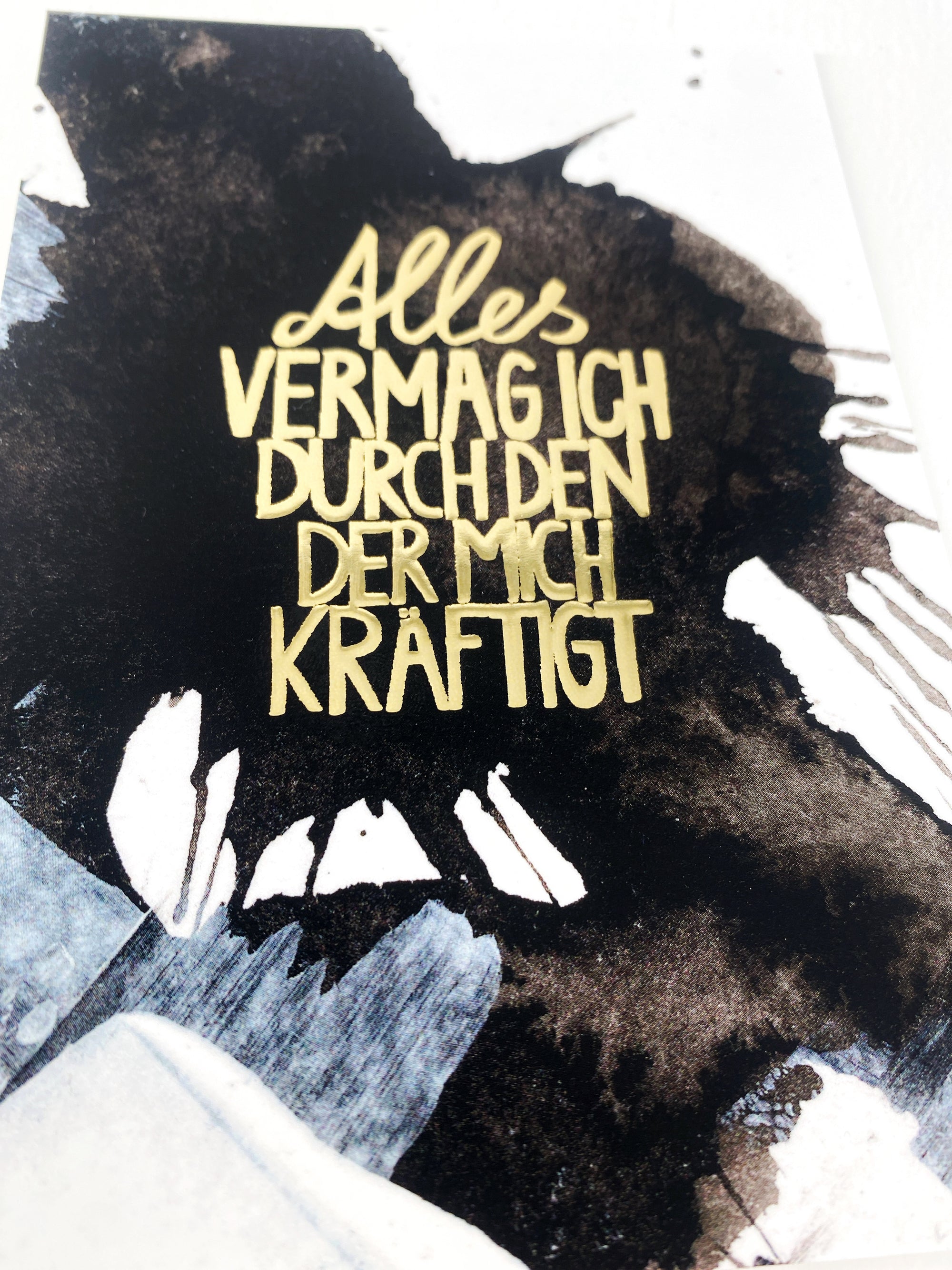 Postkarte "Alles vermag ich in dem, der mich kräftigt" mit Goldreliefprägung